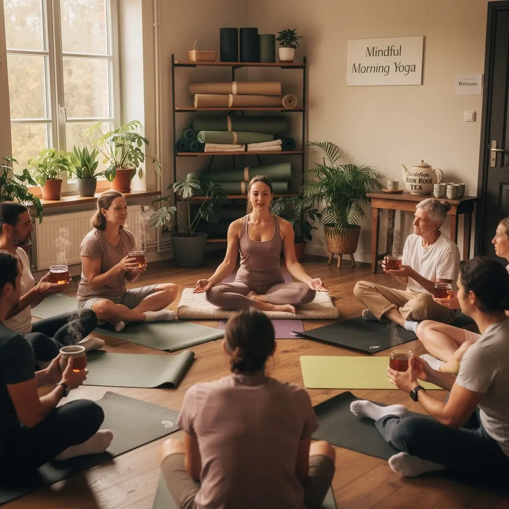 Tasse de thГ© Г  la racine de pissenlit accompagnГ©e de biscuits faits maison.