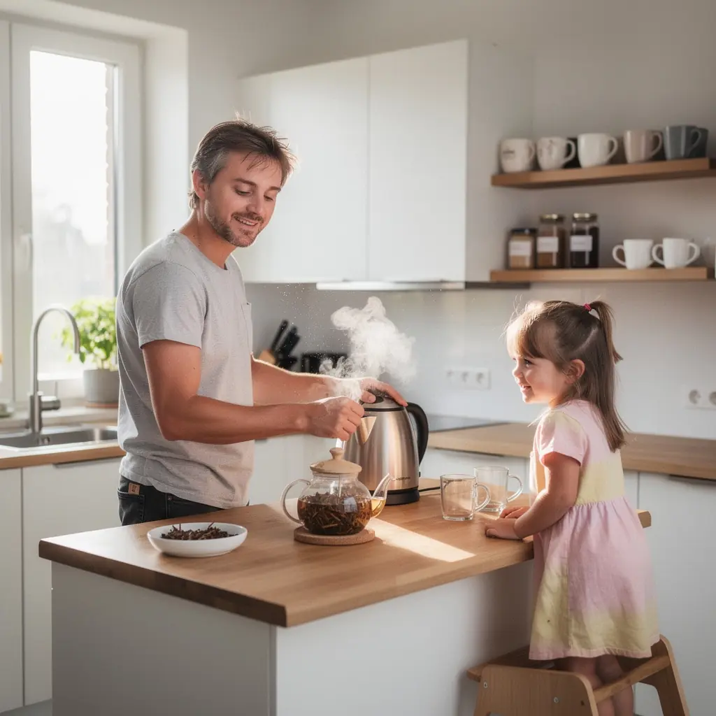 Infusion de racine de pissenlit versée dans une tasse en porcelaine blanche.