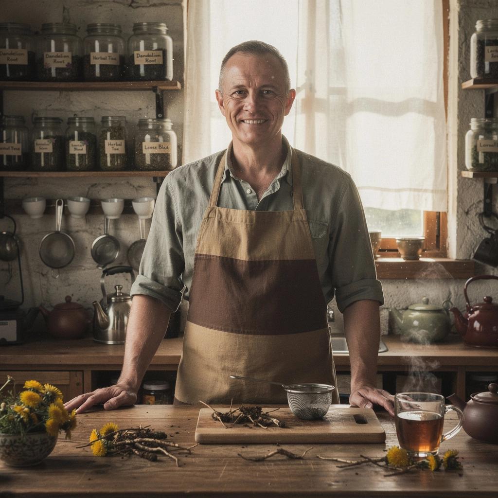 Une tasse de thé de racine de pissenlit fumant sur une table en bois, entourée de grains de café.