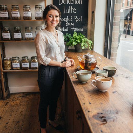 Un sachet de thé de racine de pissenlit ouvert, révélant des morceaux de racine séchée et grillée.