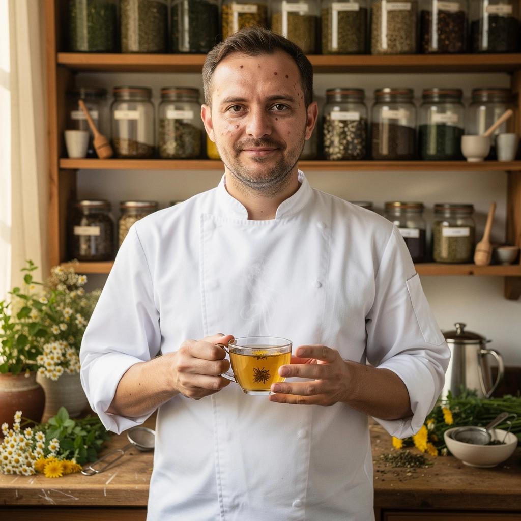 Une composition de tasses de thé de racine de pissenlit accompagnées de biscuits, sur une nappe colorée.